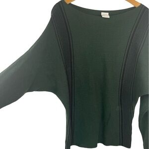Northern Angel cotton blend asymmetrical sweater. Dark green with black stripes.
